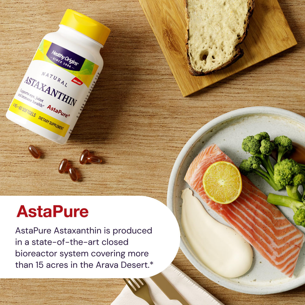 Healthy Origins Astaxanthin 4 mg softgel closeup reveals smooth, glossy capsules.