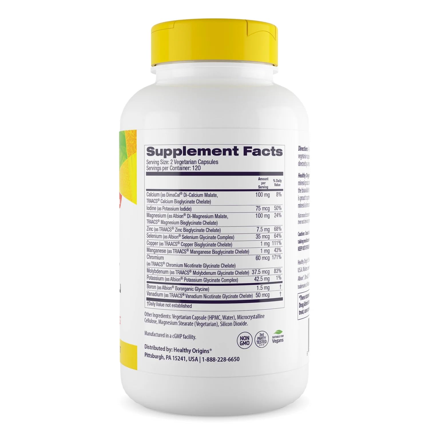 Healthy Origins Chelated Multi Mineral capsules showing vegetarian capsules for daily nutrition.