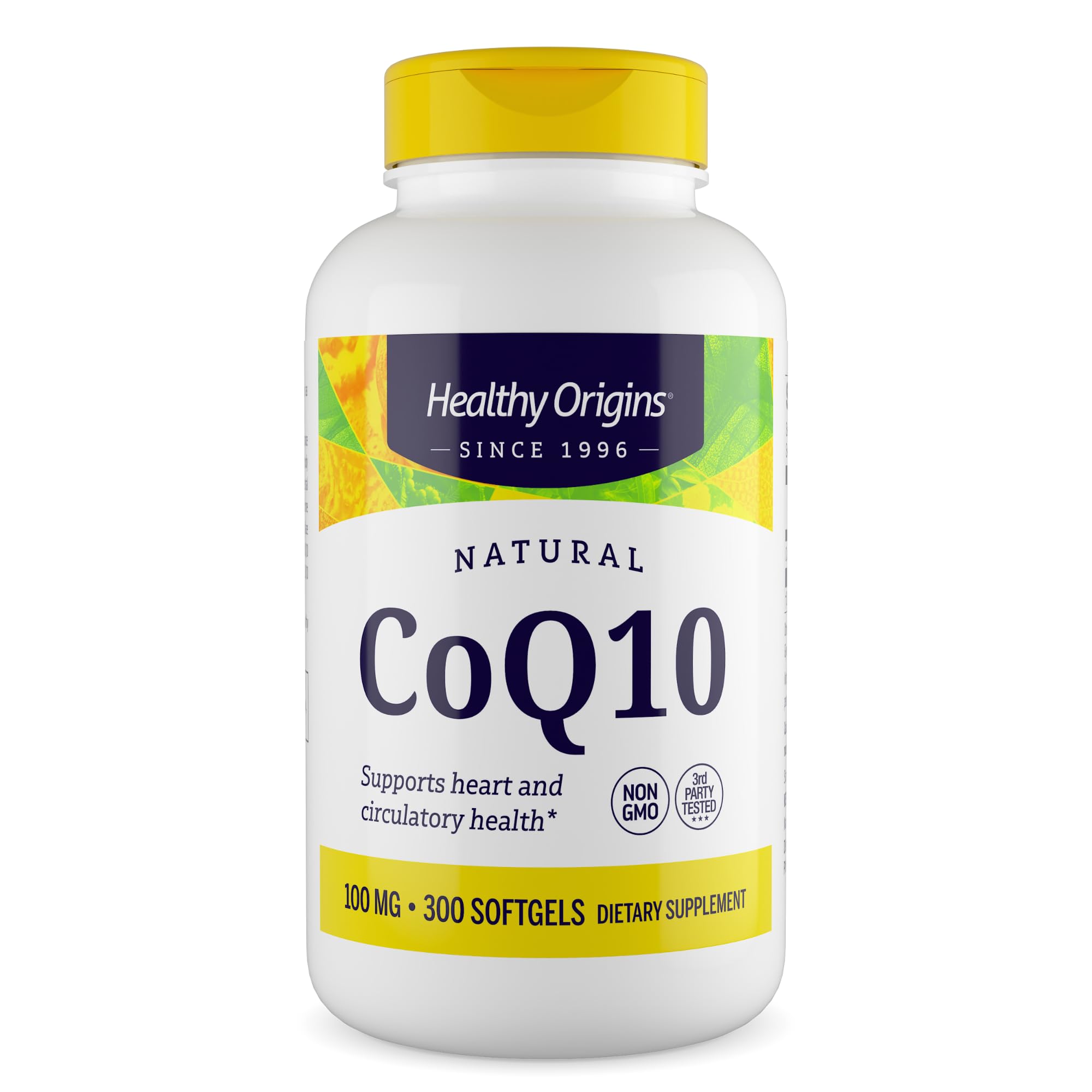 Healthy Origins CoQ10 100 mg bottle front view highlighting convenient energy support.