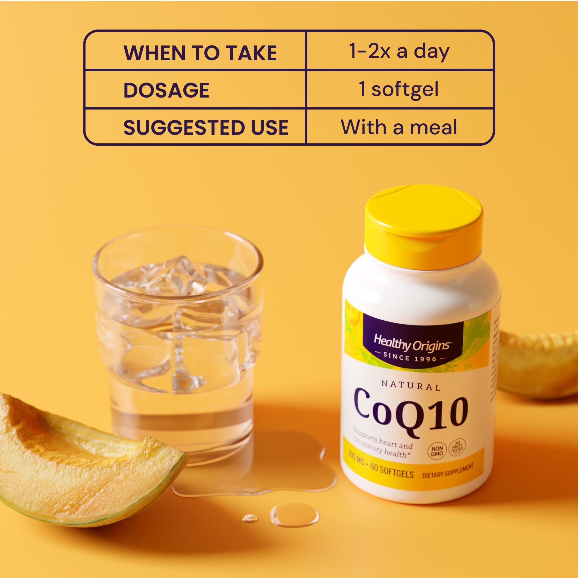 Healthy Origins CoQ10 softgels poured into hand for easy dosage reference.