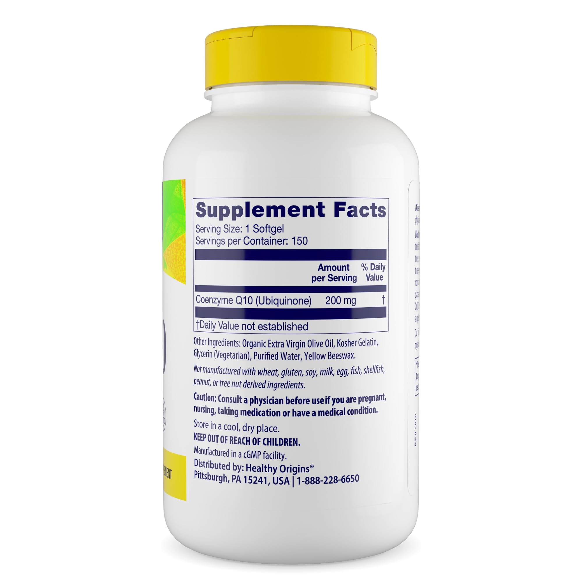 Serving image highlights 150 softgel count per Healthy Origins CoQ10 container.