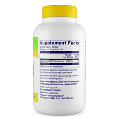 Serving image highlights 150 softgel count per Healthy Origins CoQ10 container.