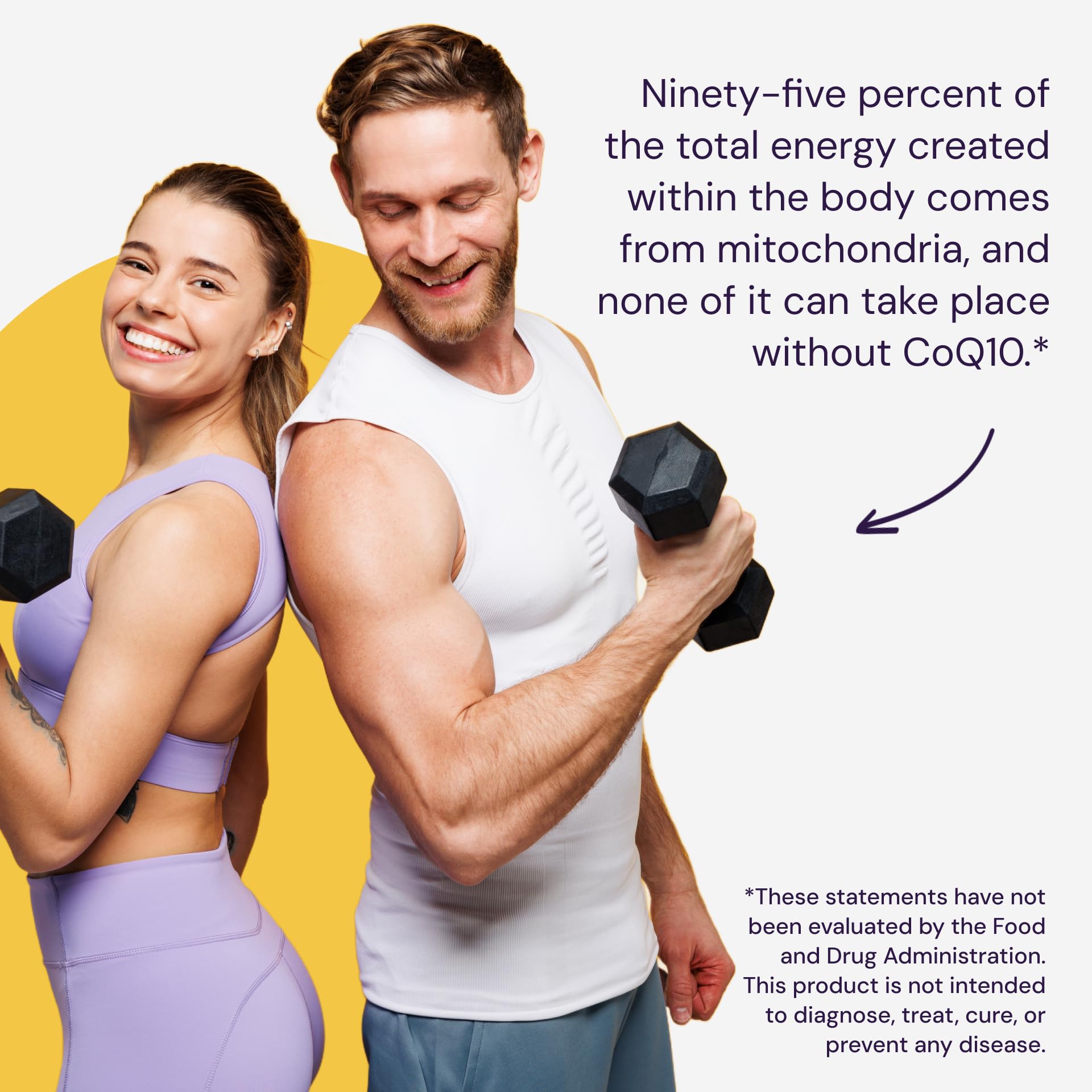Healthy Origins CoQ10 bottle and softgels with dosage details highlight easy daily use.