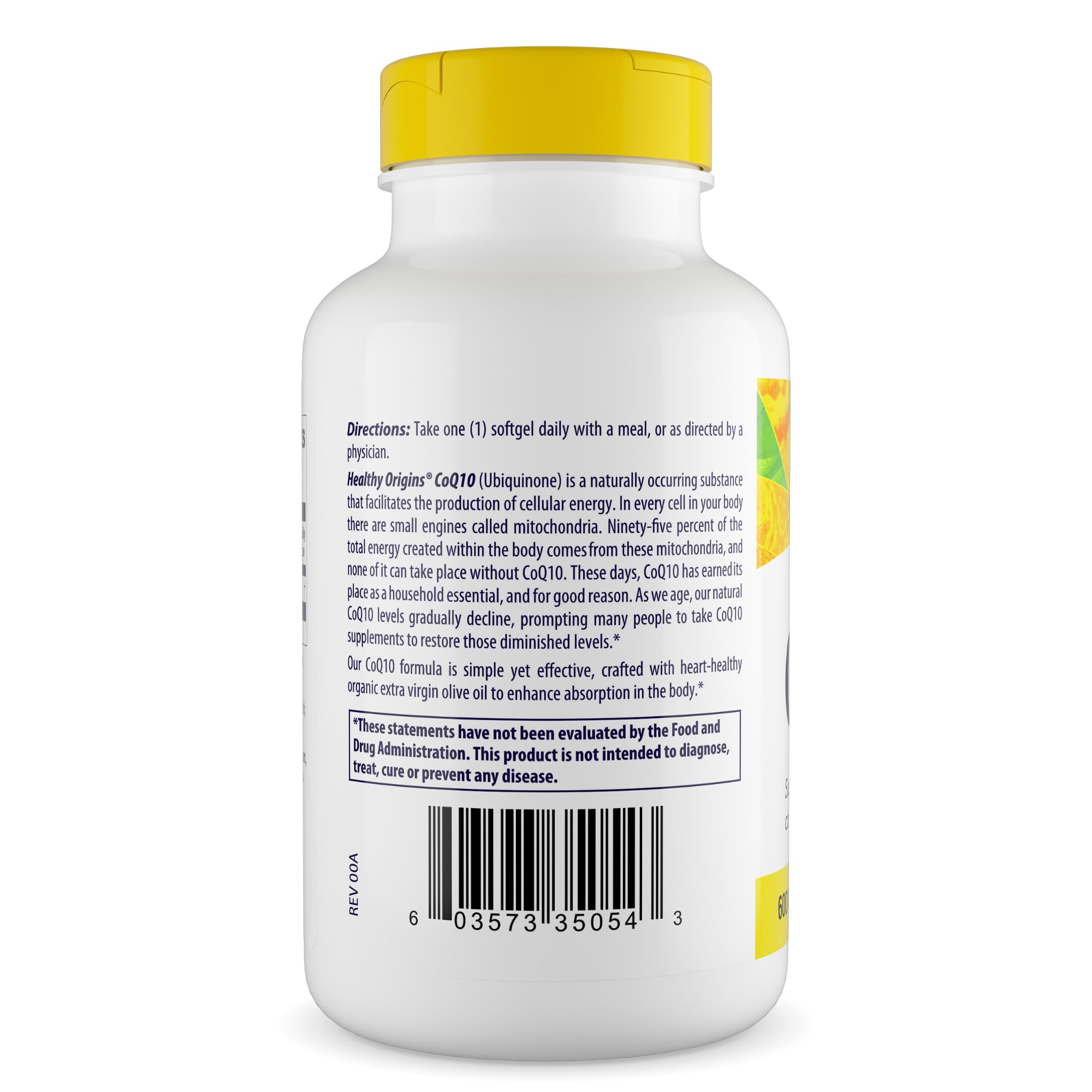 Healthy Origins CoQ10 600 mg bottle with yeast fermentation badge signals bioavailability.