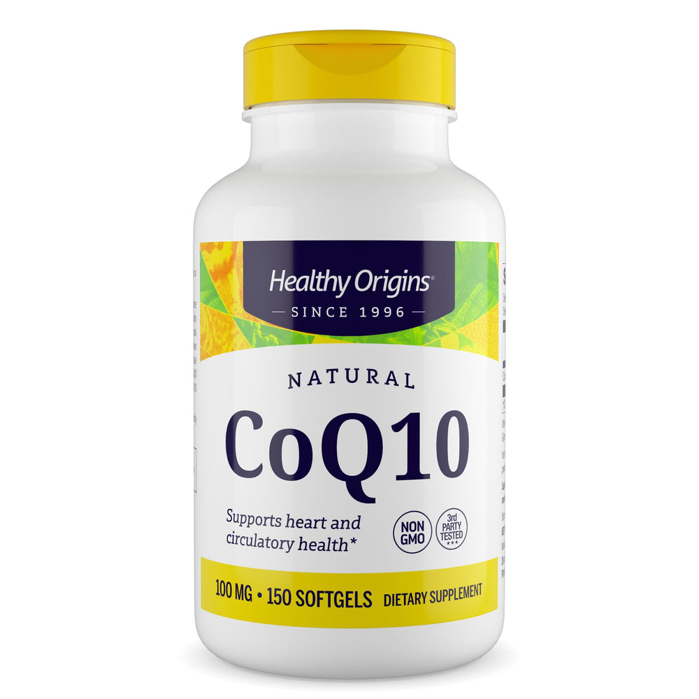 Healthy Origins CoQ10 bottle front view highlighting natural trans-isomer ubiquinone for energy support