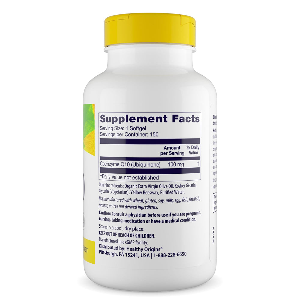 Healthy Origins CoQ10 bottle side view emphasizing yeast-fermented formula