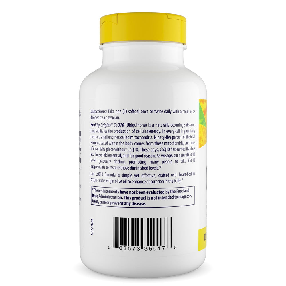 Healthy Origins CoQ10 label close-up shows non-GMO production