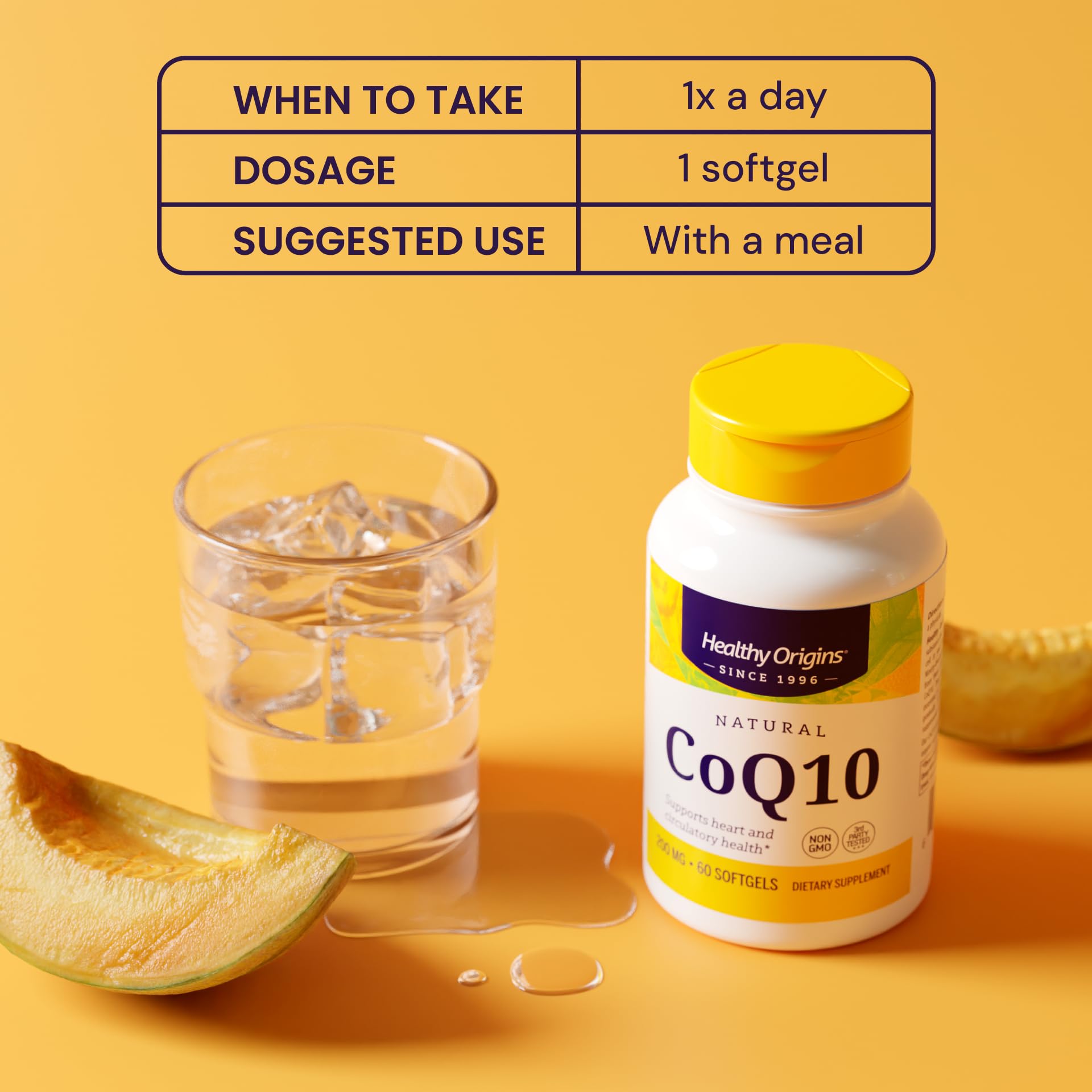 Non-GMO seal visible on Healthy Origins CoQ10 bottle for product integrity.