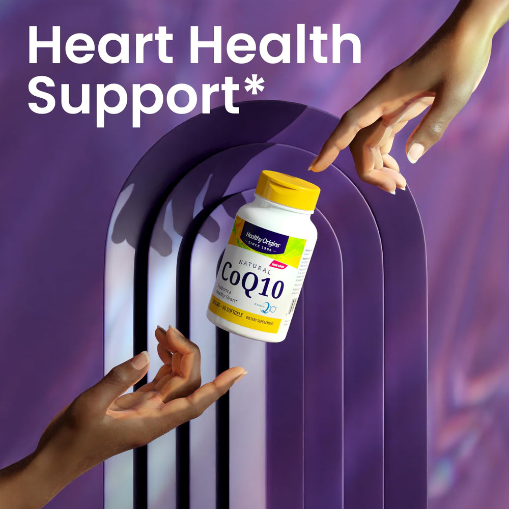 Healthy Origins CoQ10 softgels closeup, smooth and easy to swallow.