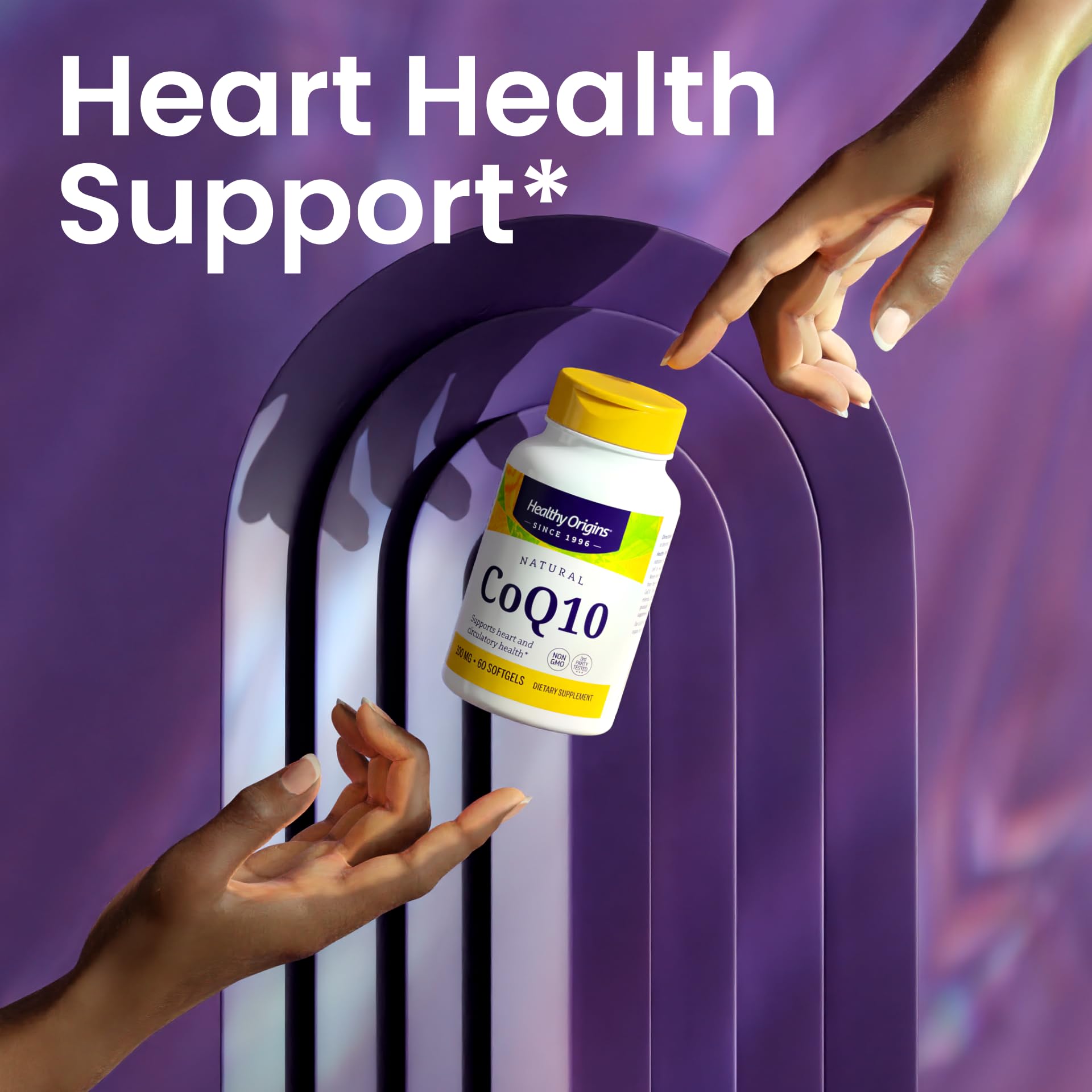 Healthy Origins CoQ10 softgels cluster illustrating daily supplement