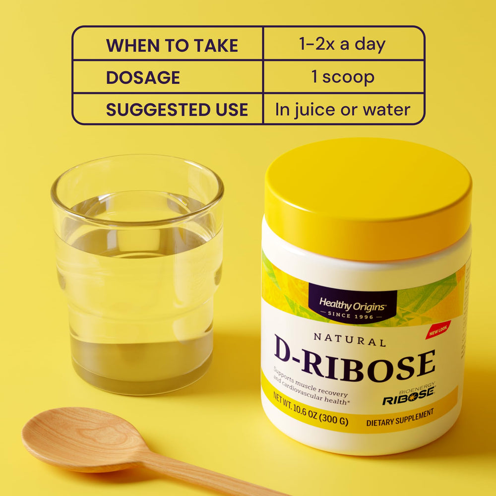 Healthy Origins D-Ribose powder packaging shows non-GMO and gluten-free badges.