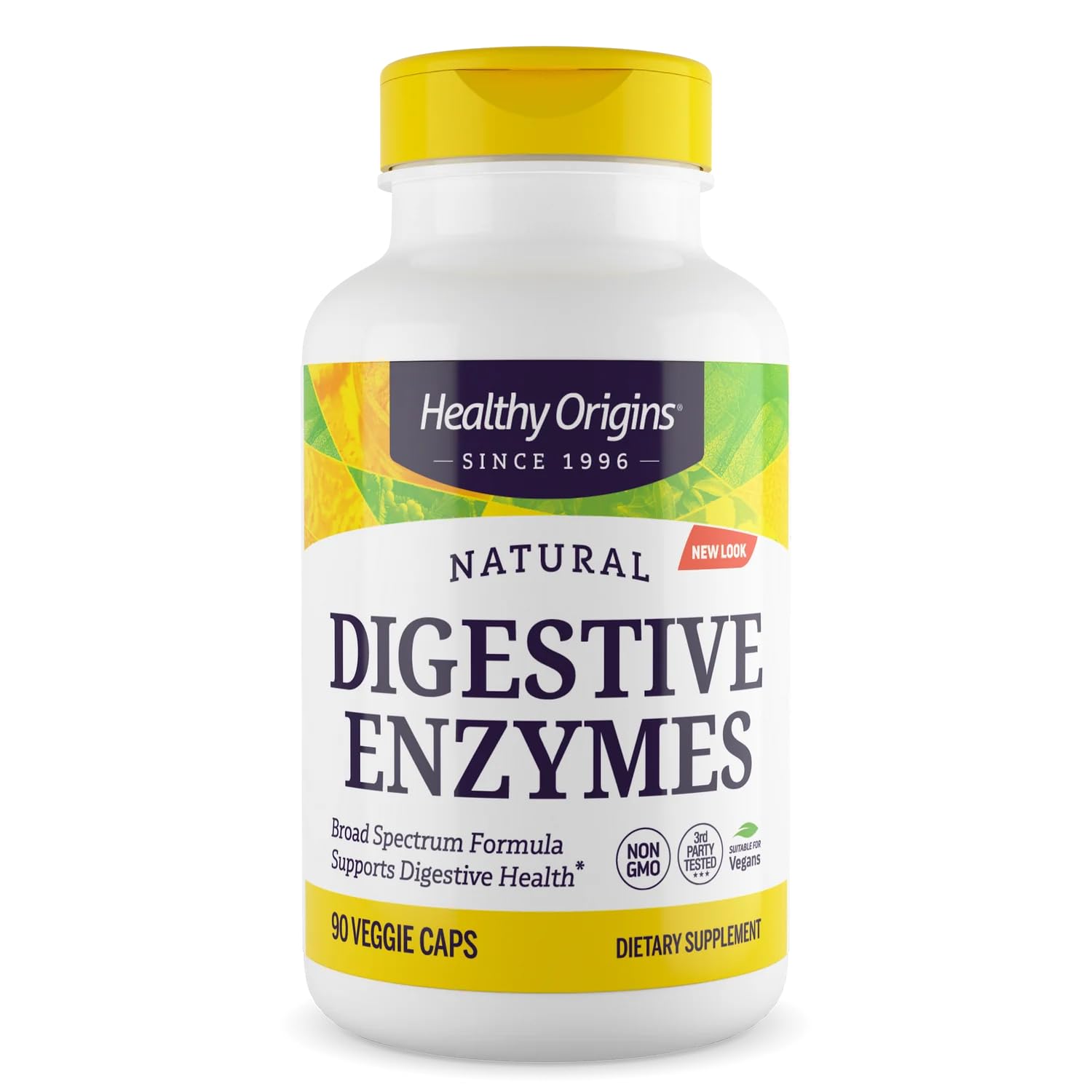 Healthy Origins Digestive Enzymes bottle front with label indicating broad spectrum enzymes