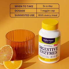 Healthy Origins Digestive Enzymes bottle beside a meal for daily use.