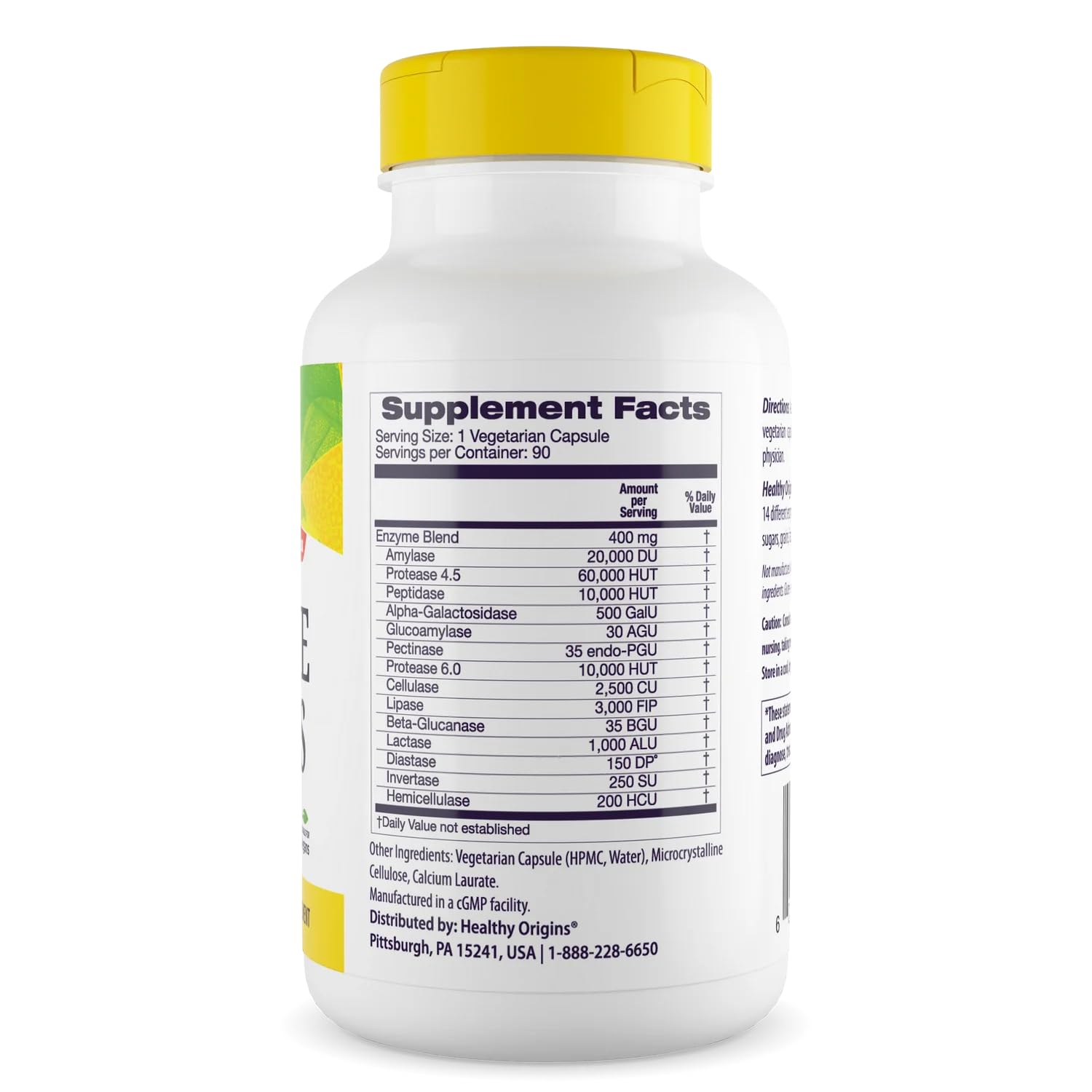 Healthy Origins Digestive Enzymes capsules close-up highlighting non-GMO, gluten free formula