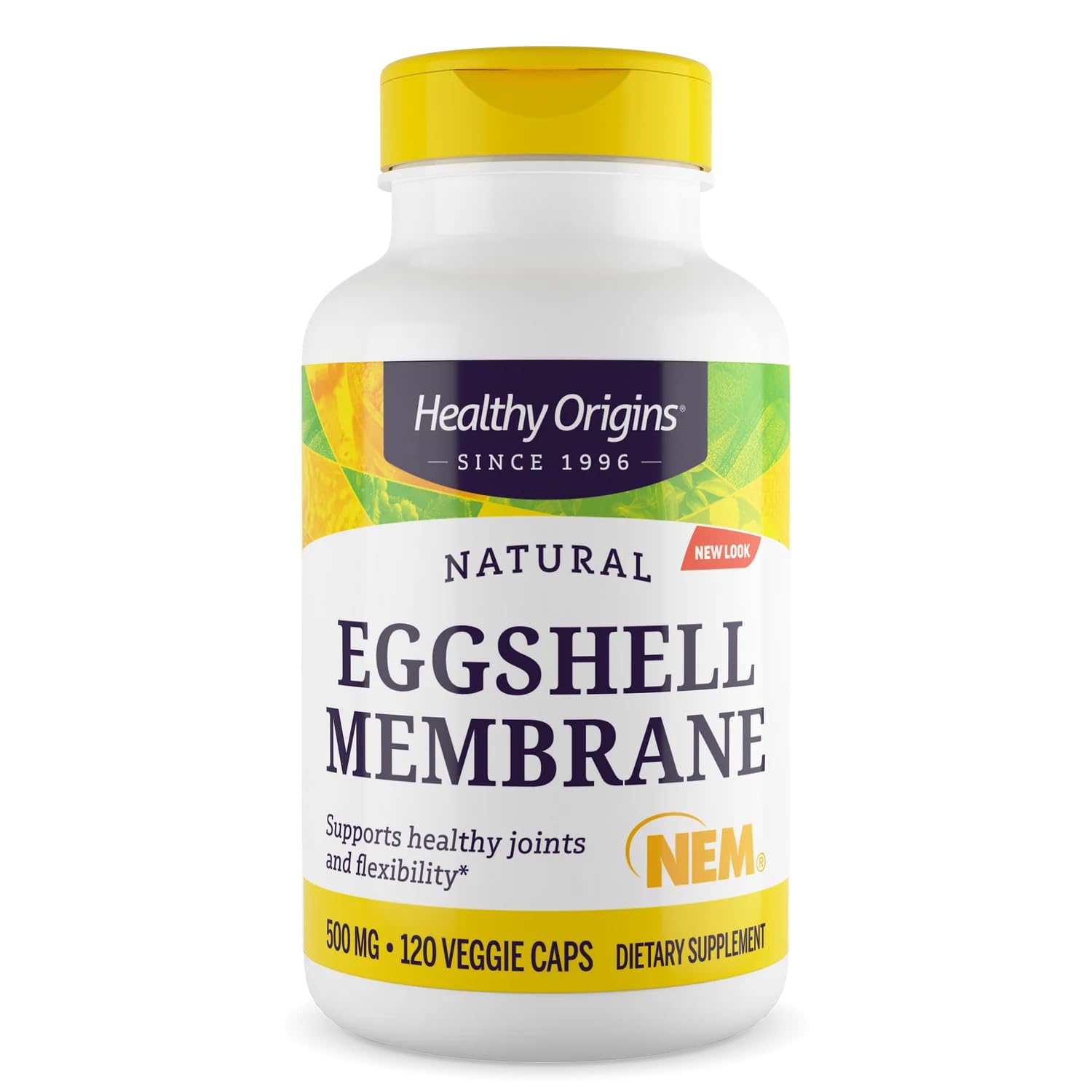 Healthy Origins eggshell membrane bottle label highlights joint support ingredients for mobility.