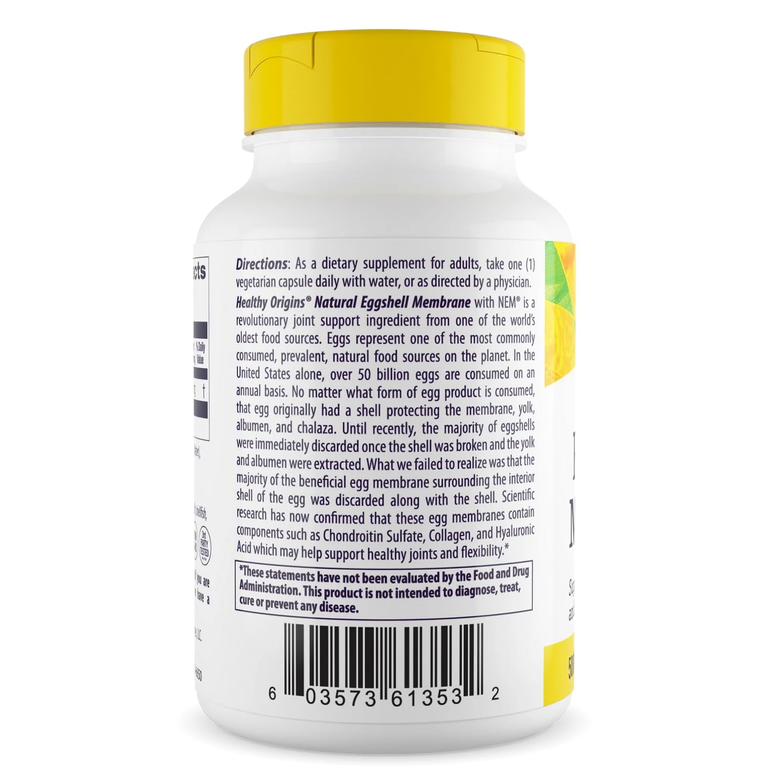 Close-up of Healthy Origins Eggshell Membrane label highlighting product features.
