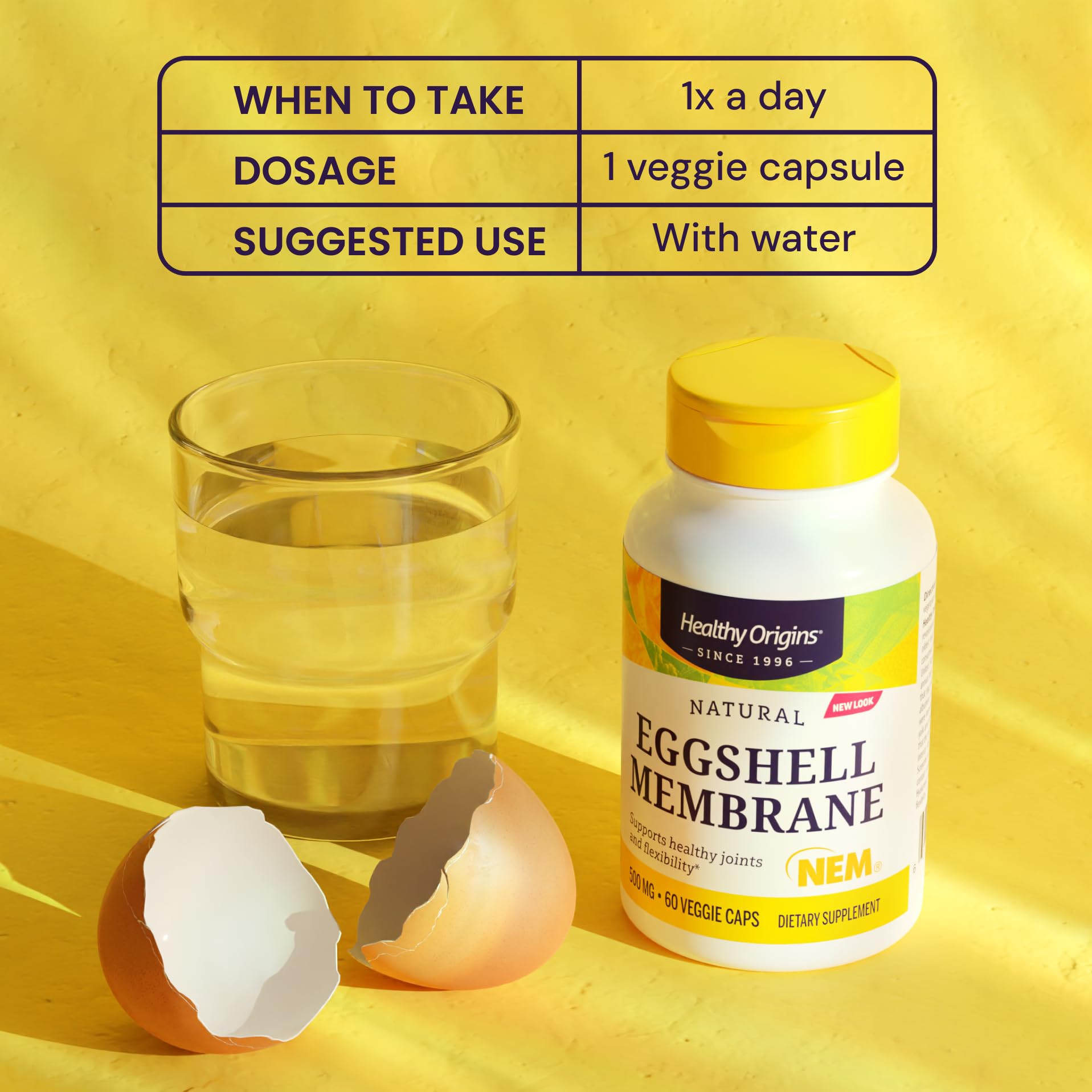 Healthy Origins eggshell membrane packaging graphics underline non-GMO and gluten-free quality.