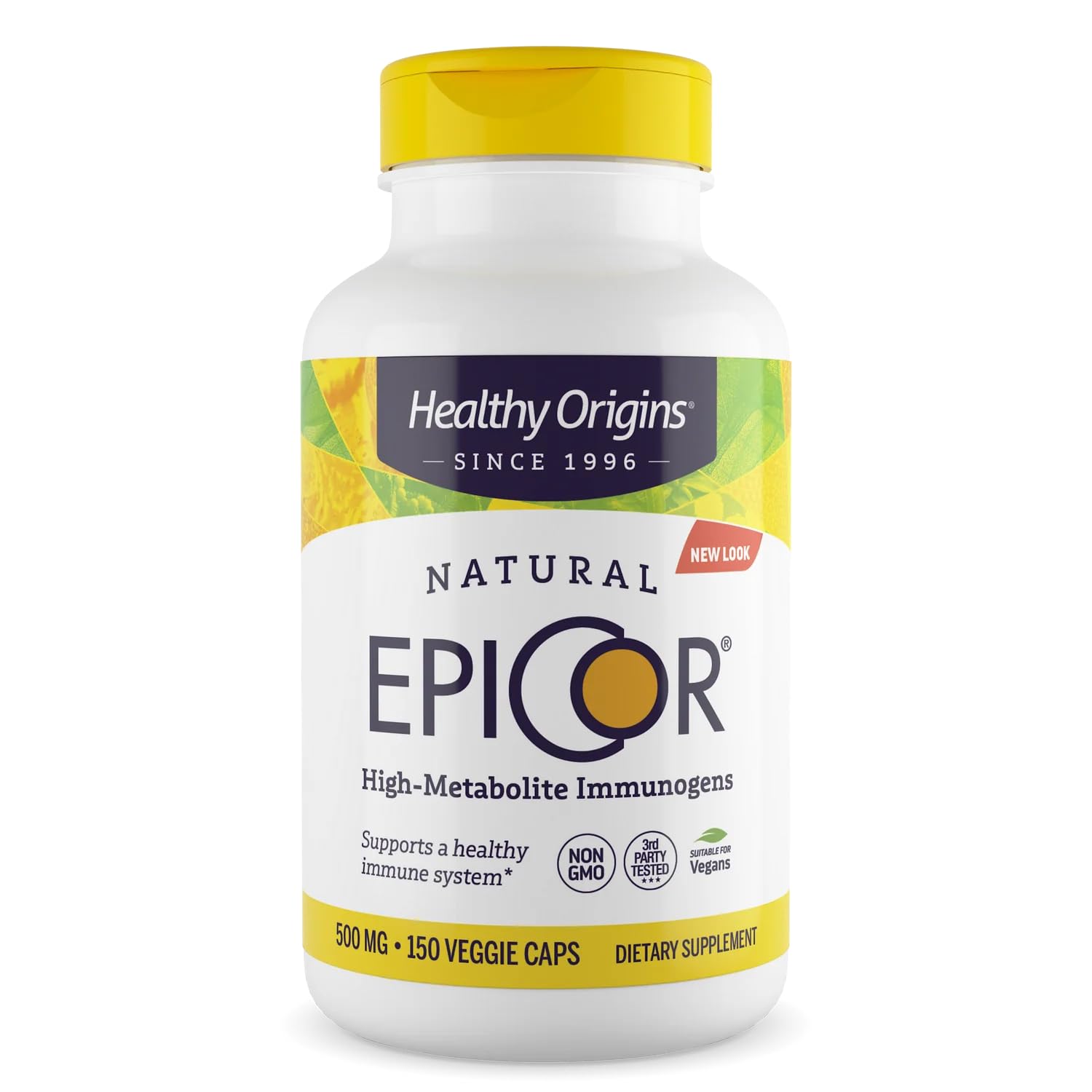 Healthy Origins EpiCor 500mg bottle close-up showing daily immune support potential
