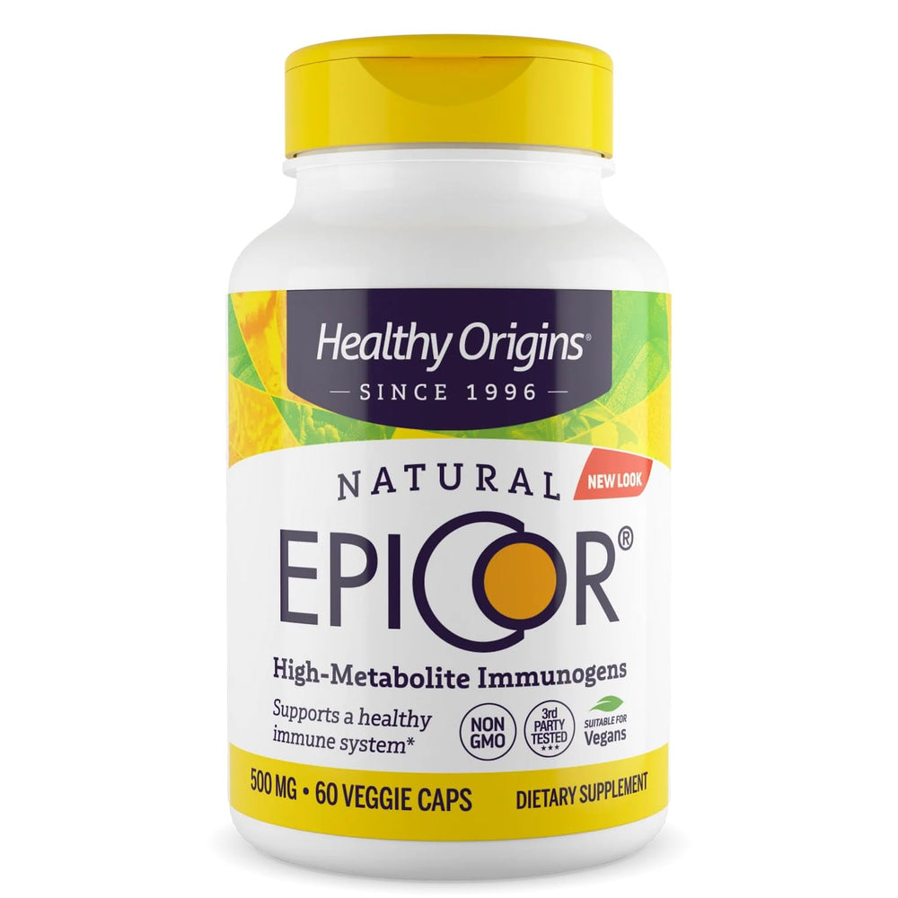 Healthy Origins EpiCor 500 mg bottle with pour, signaling immune support