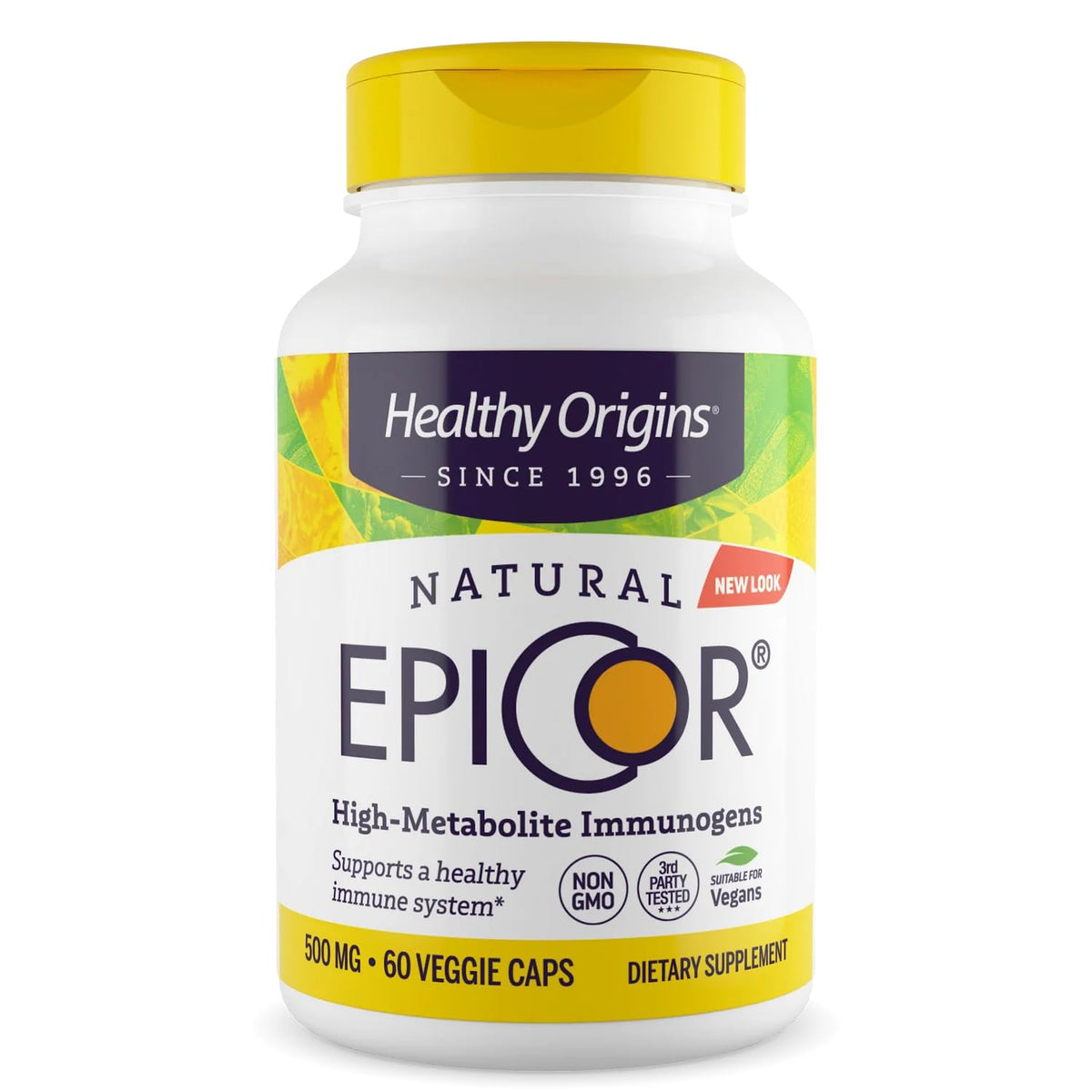 Healthy Origins EpiCor 500 mg bottle with pour, signaling immune support