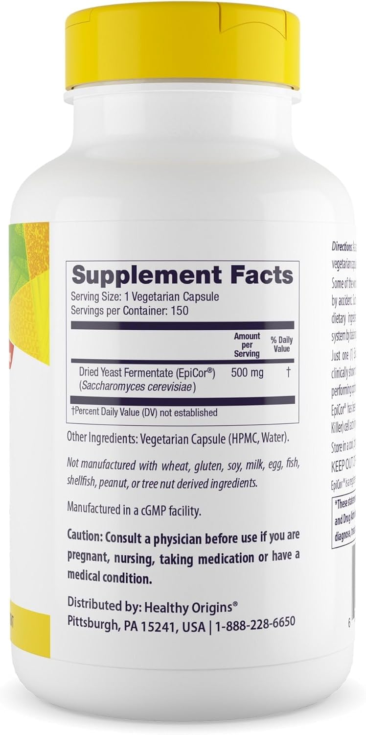 Healthy Origins EpiCor capsules close-up highlighting non-GMO and gluten-free features