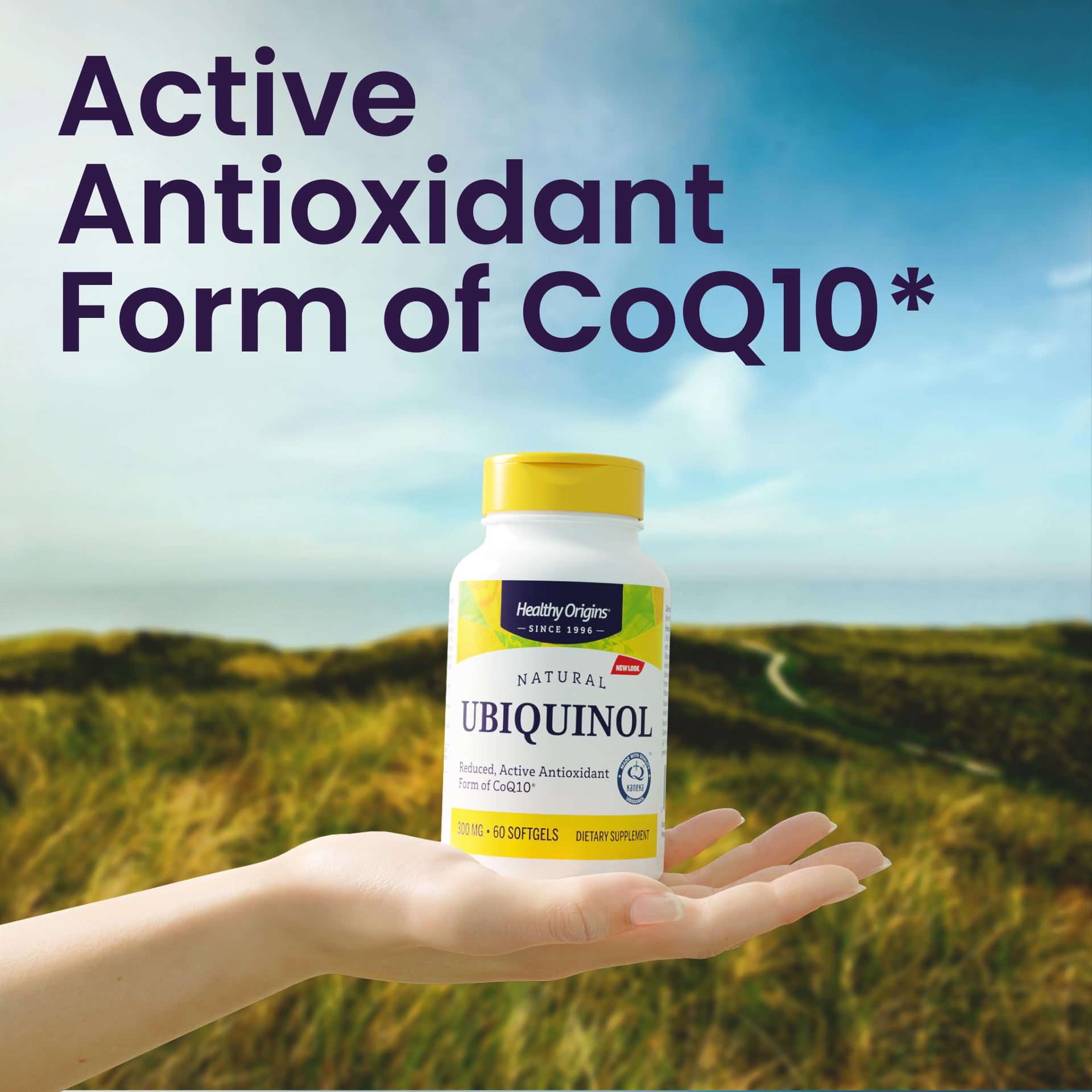 Gluten-free and non-GMO label on Healthy Origins ubiquinol packaging