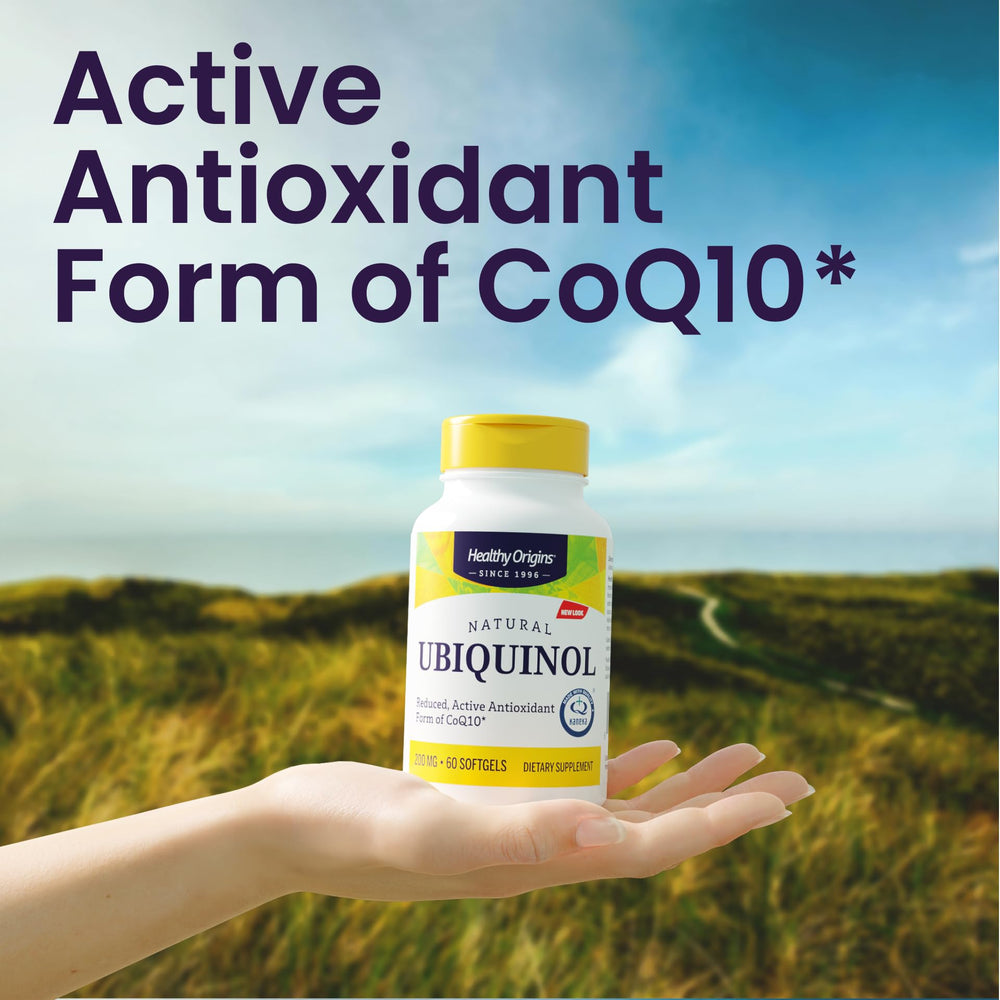 Healthy Origins ubiquinol heart health support in easy-to-swallow capsules.