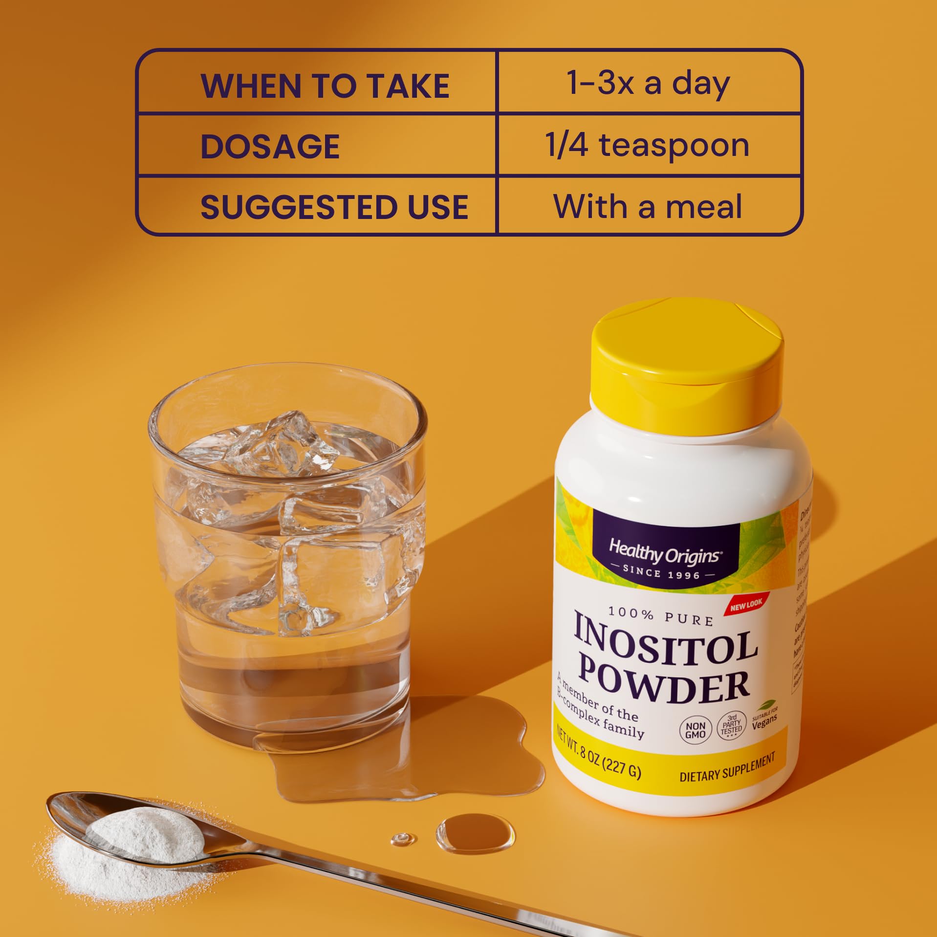Healthy Origins Inositol Powder container with label shows vegan, non-GMO, gluten-free certification.