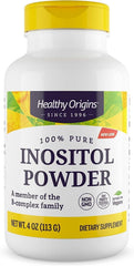 Healthy Origins Inositol Powder bottle close-up showing vegan, gluten-free formula for daily wellness.