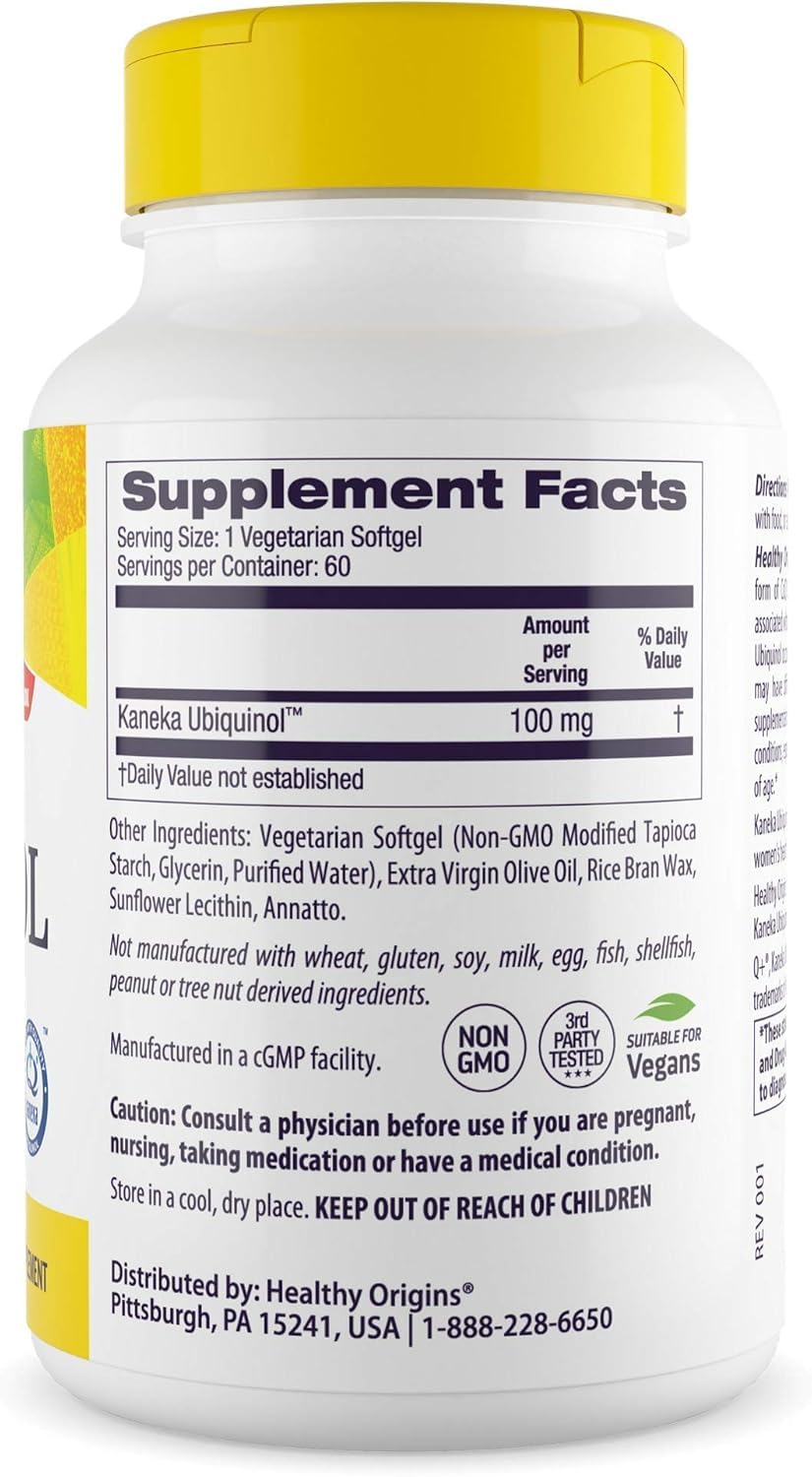 Healthy Origins ubiquinol active-form capsules, Kaneka sourced for antioxidant support.