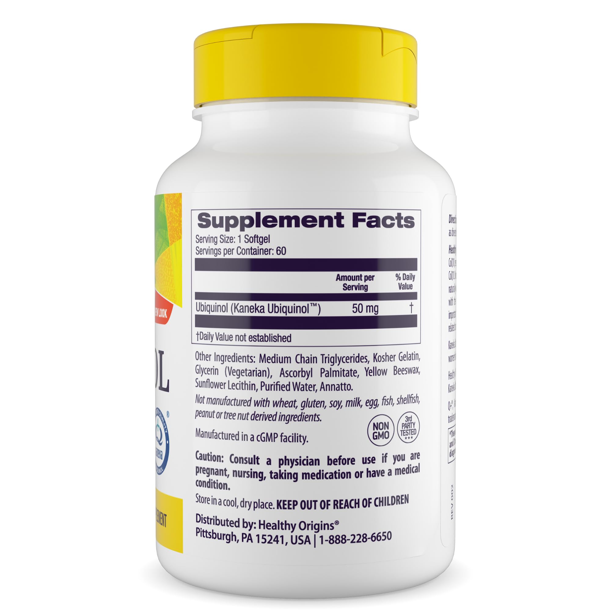 Healthy Origins kaneka ubiquinol formula label highlights patented active CoQ10.
