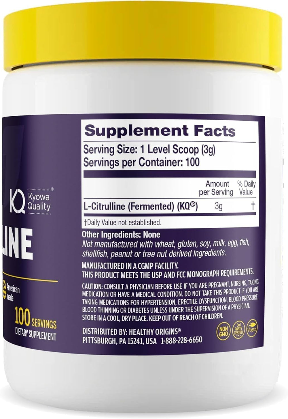 Healthy Origins L-Citrulline powder highlights gluten-free and non-GMO formula.
