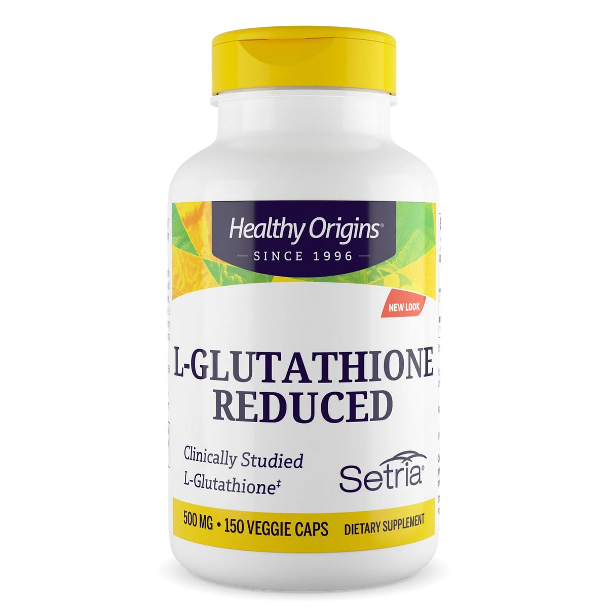 Healthy Origins L-Glutathione 500 mg bottle front view shows pure antioxidant support.