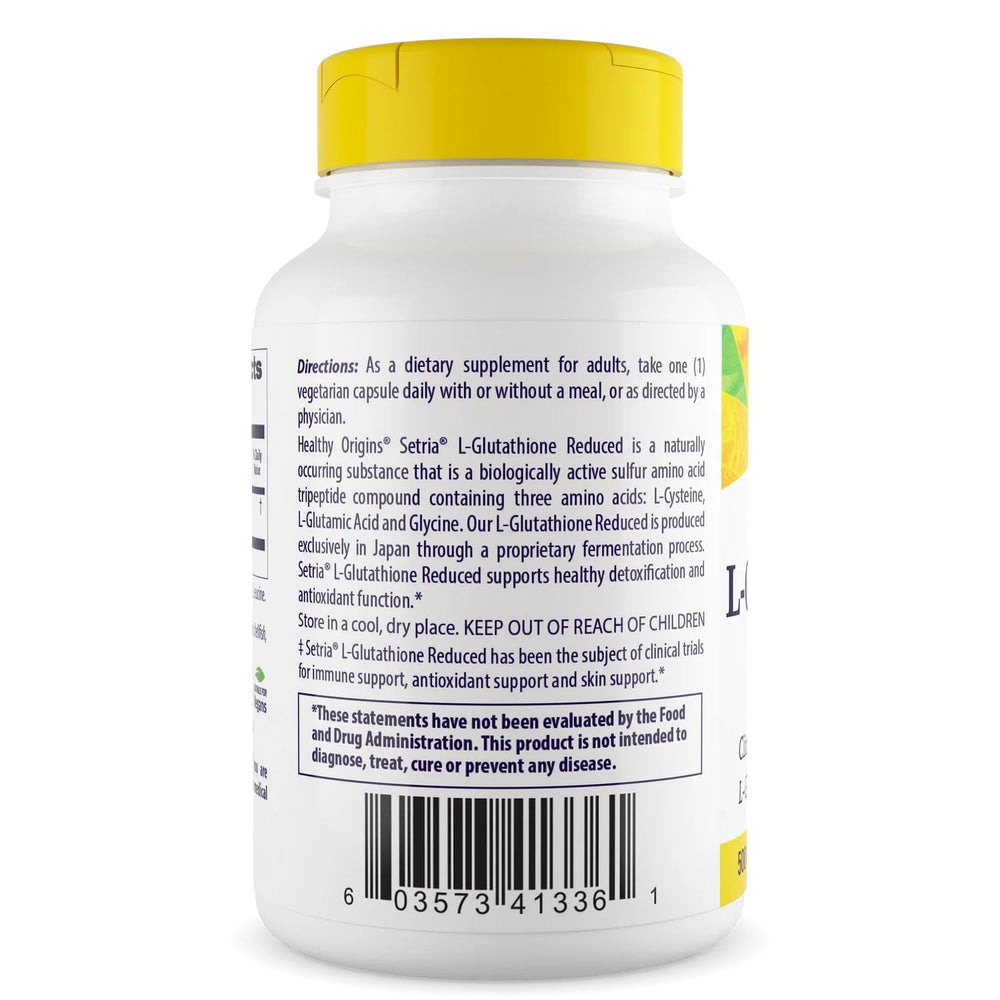 Healthy Origins L-Glutathione bottle label highlights Setria purity for detox and immune support.