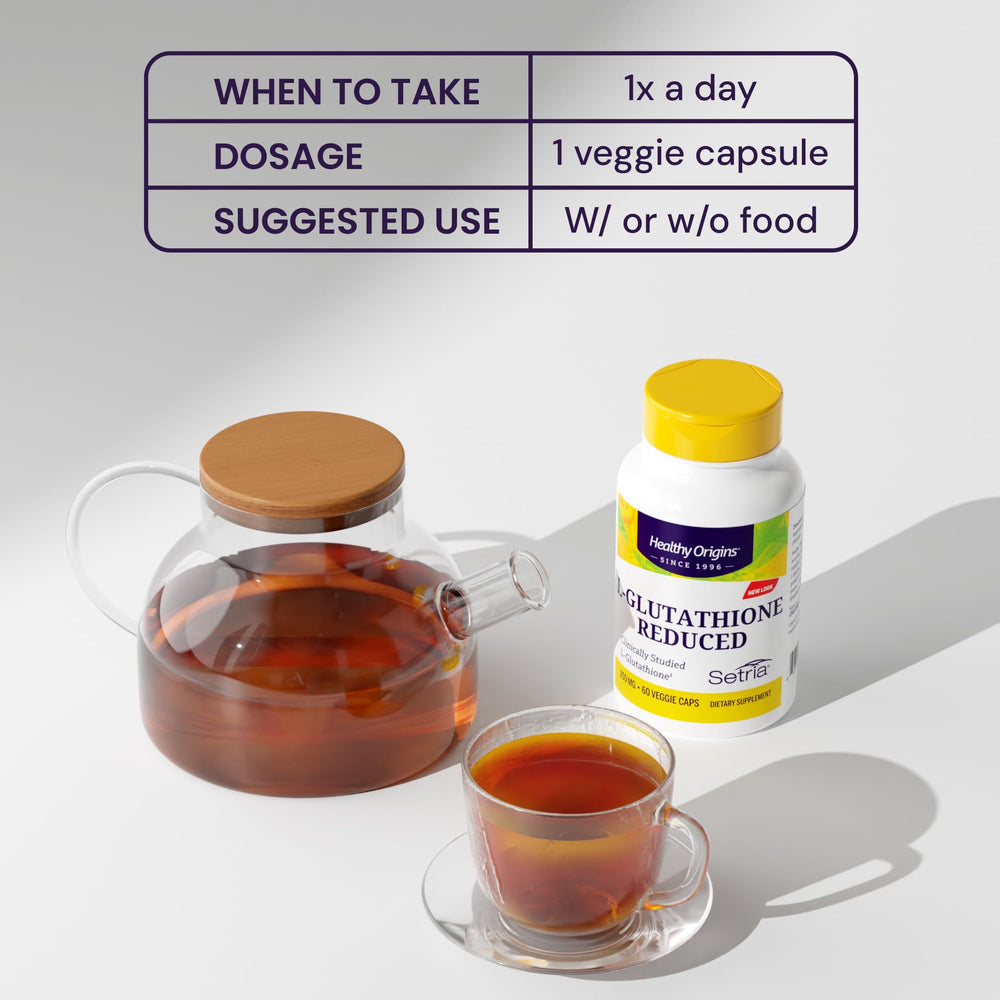 Healthy Origins L-Glutathione ingredients panel lists L-Cysteine, glutamic acid, and glycine.