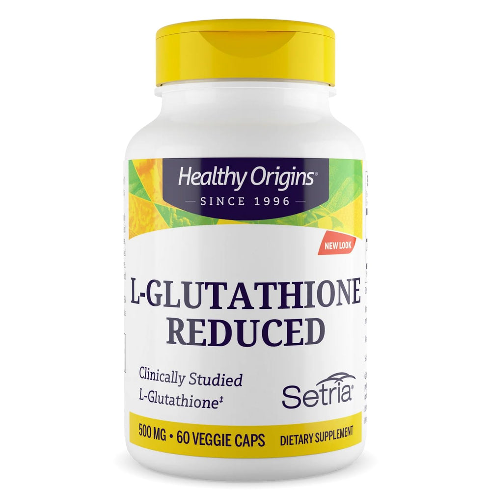 Healthy Origins L-Glutathione Setria bottle front indicating daily antioxidant support