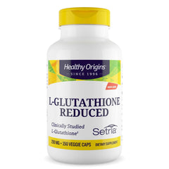 Healthy Origins L-Glutathione bottle label highlights Setria for daily antioxidant support.