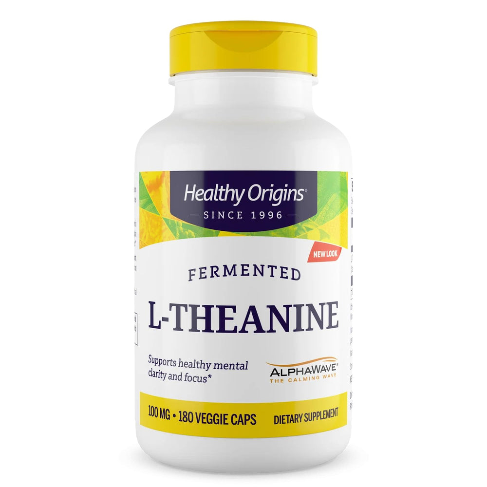 Healthy Origins L-Theanine AlphaWave bottle pour promotes calm focus without drowsiness.