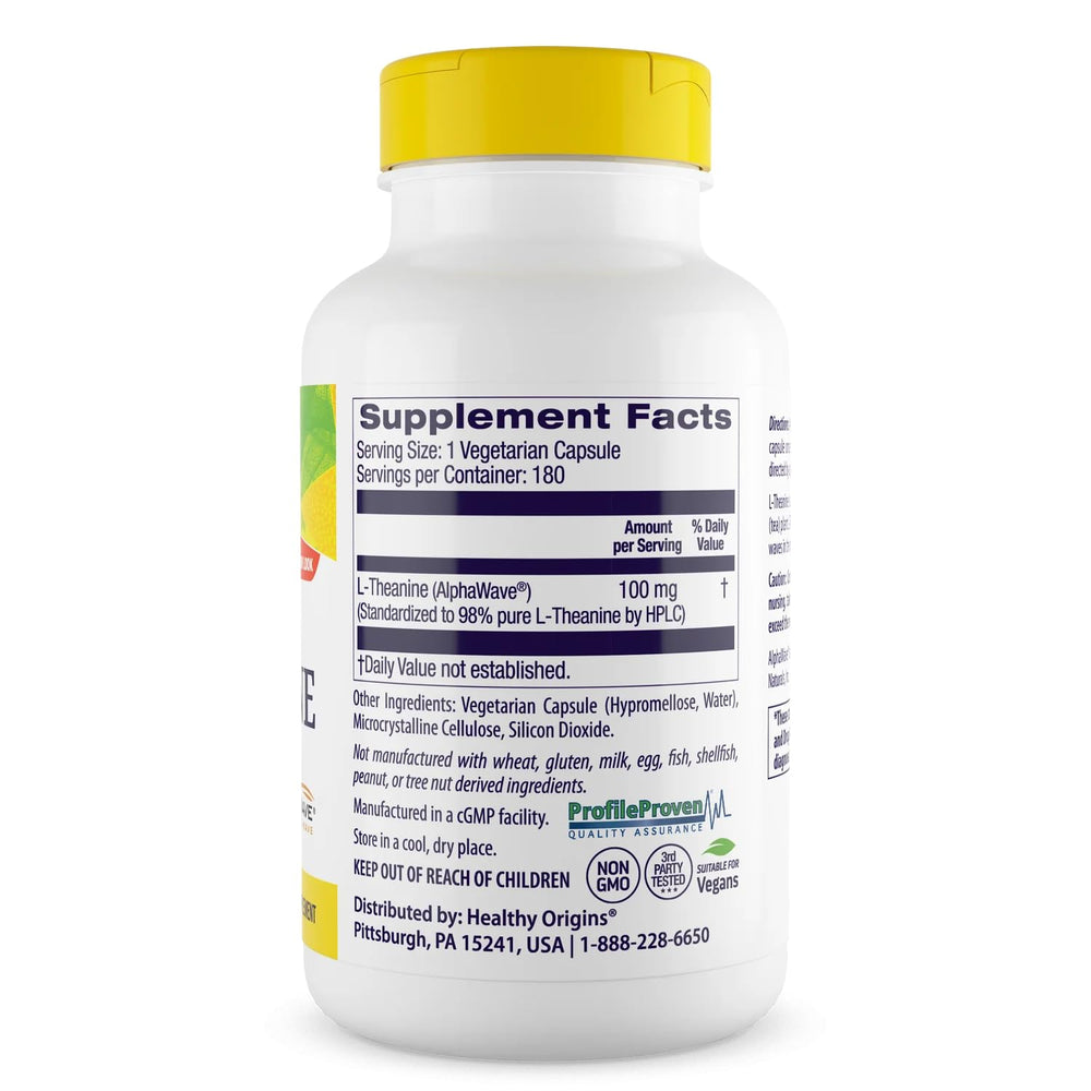 Healthy Origins L-Theanine capsules close-up emphasise veggie caps for daily calm and focus.