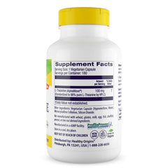Healthy Origins L-Theanine capsules close-up emphasise veggie caps for daily calm and focus.