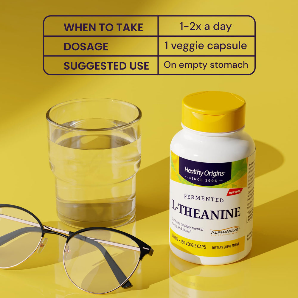 Healthy Origins L-Theanine bottle shows non-GMO and gluten-free seals for quality.