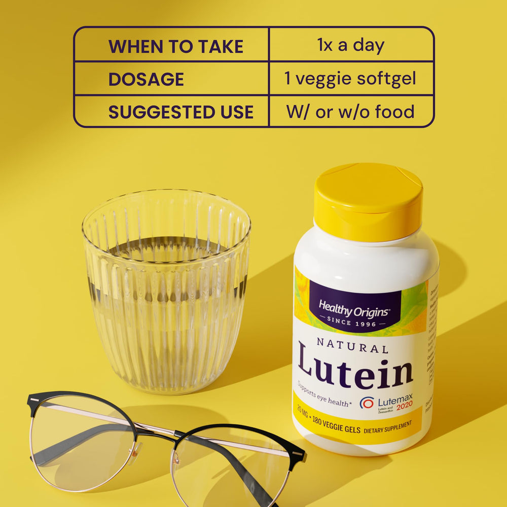 Lutein bottle photographed in morning routine setting