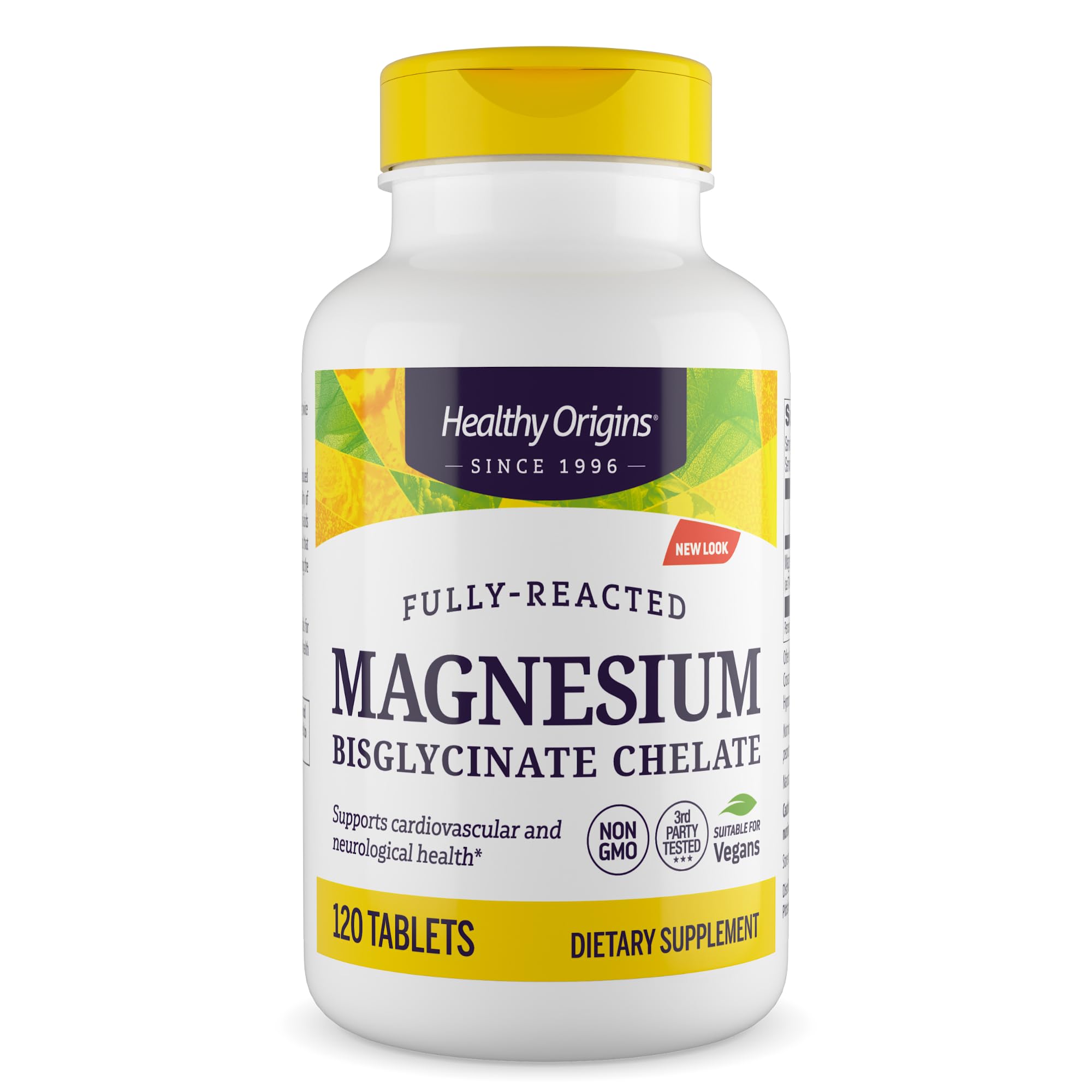 Healthy Origins magnesium bisglycinate chelate bottle with 120 tablets, high-absorption formula for daily support.