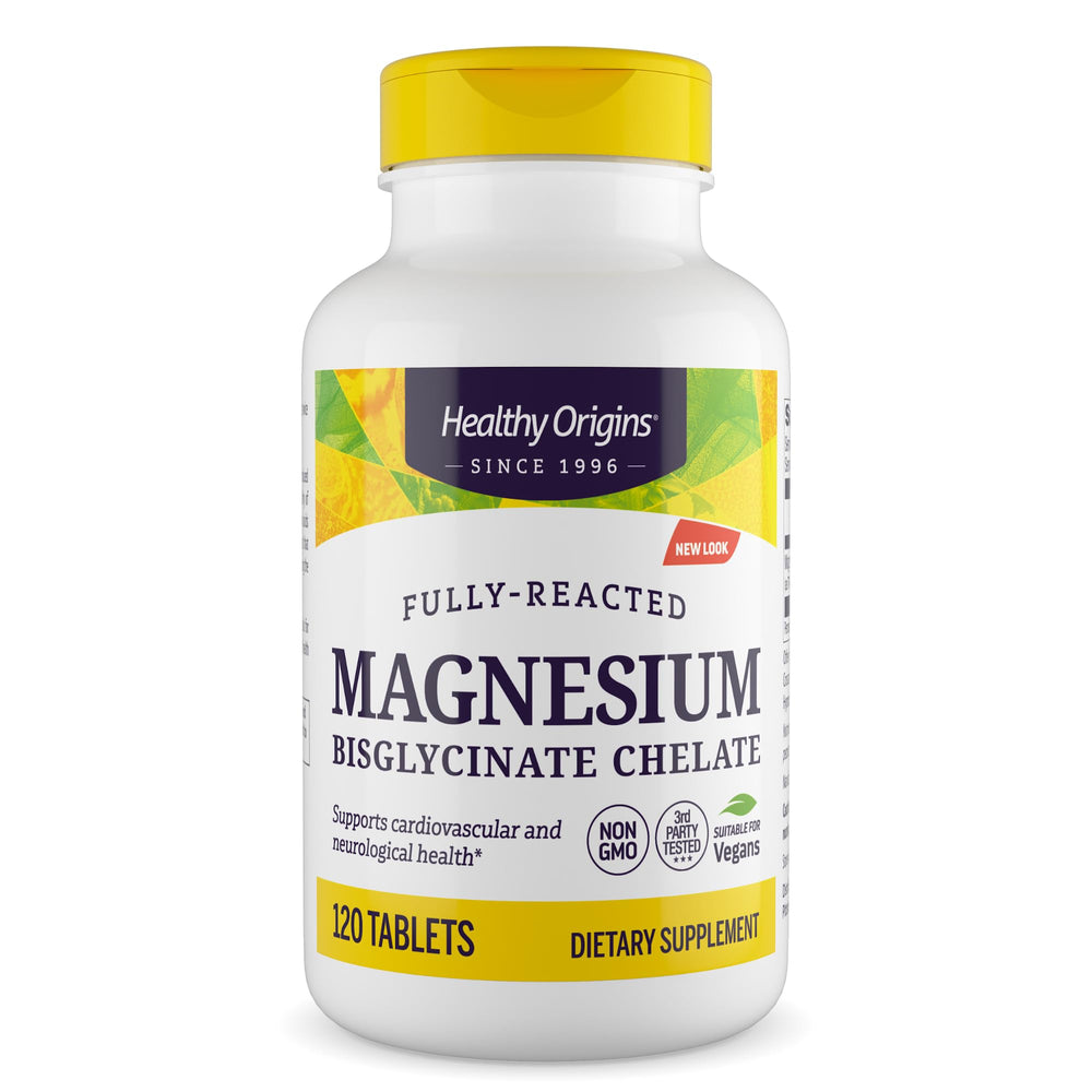 Healthy Origins magnesium bisglycinate chelate bottle with 120 tablets, high-absorption formula for daily support.