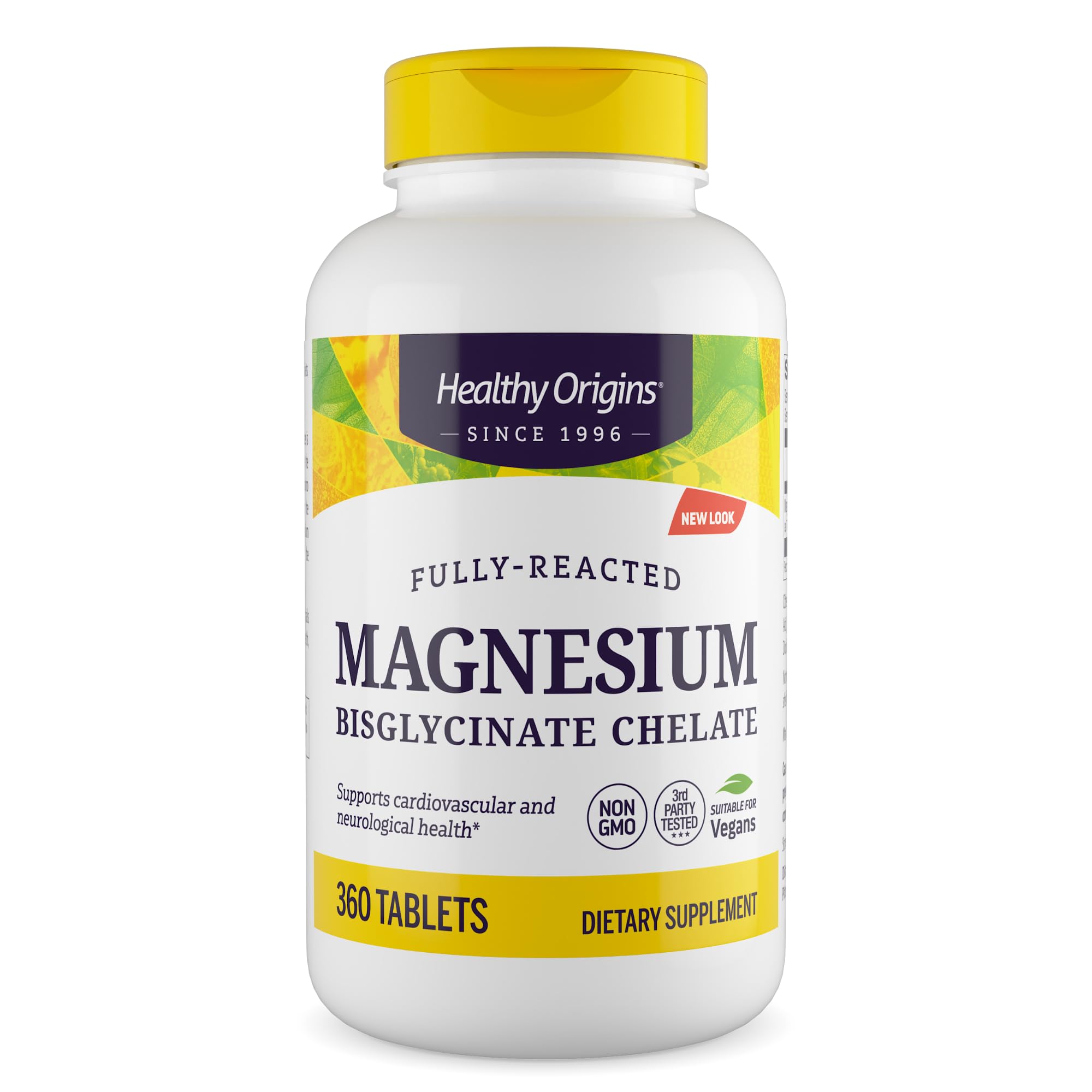 Healthy Origins Magnesium Bisglycinate Chelate bottle highlighting high-absorption for gentle digestion.