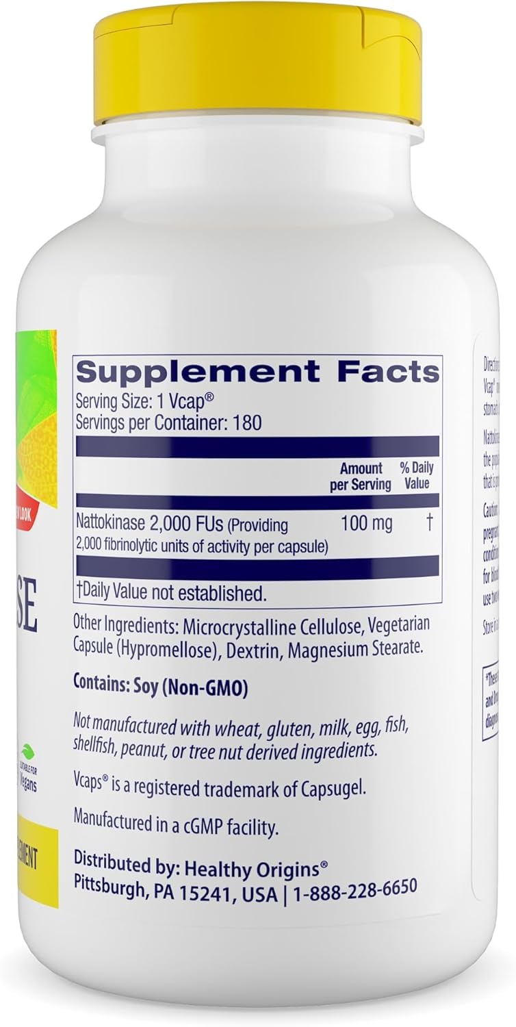 Healthy Origins nattokinase capsules closeup highlighting convenient daily supplement use