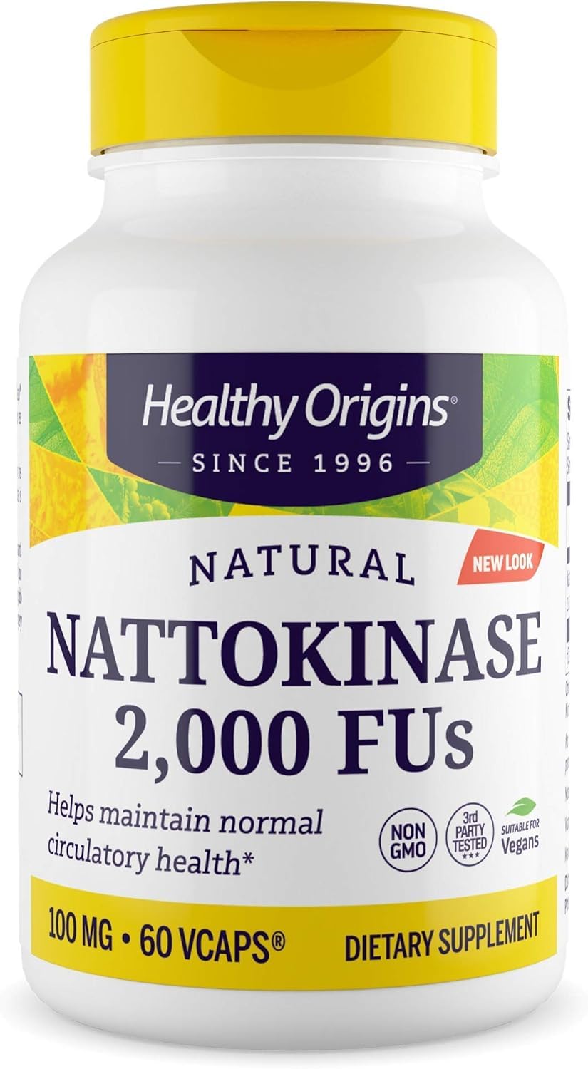 Healthy Origins nattokinase bottle top view, vegan capsules for daily wellness