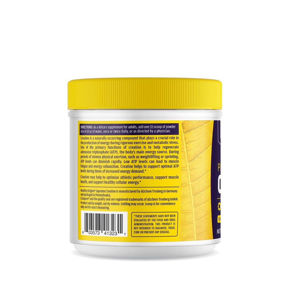 Healthy Origins unflavored creatine powder with convenient scoop for shakes.
