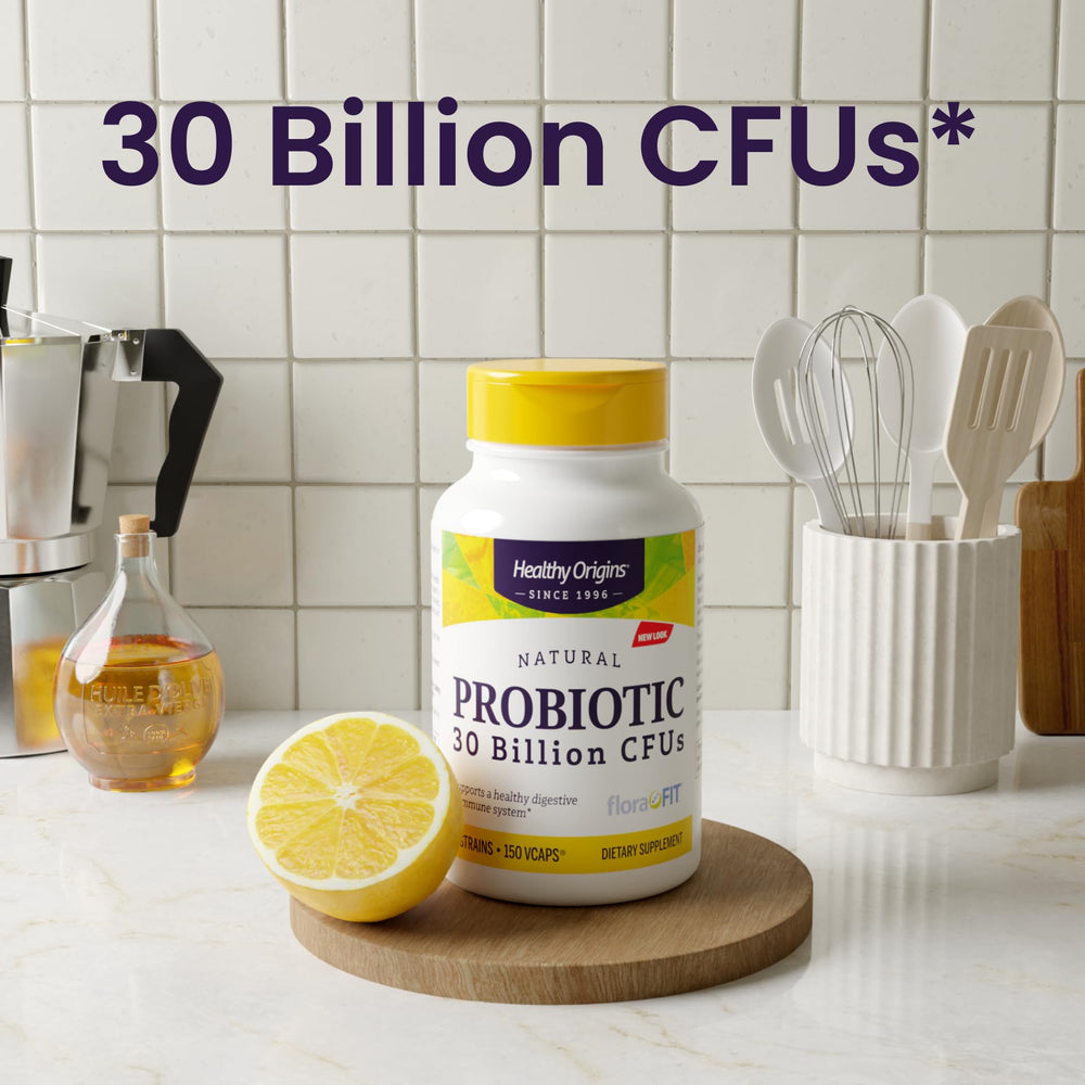 Healthy Origins probiotic bottle on shelf illustrating room-temperature storage