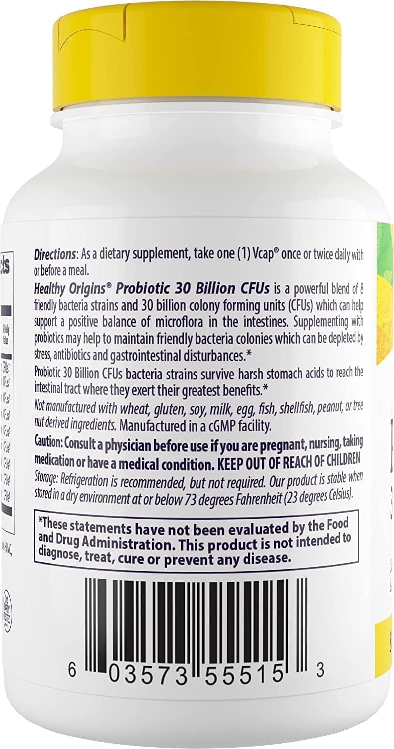 Healthy Origins probiotic label detail showing eight strains